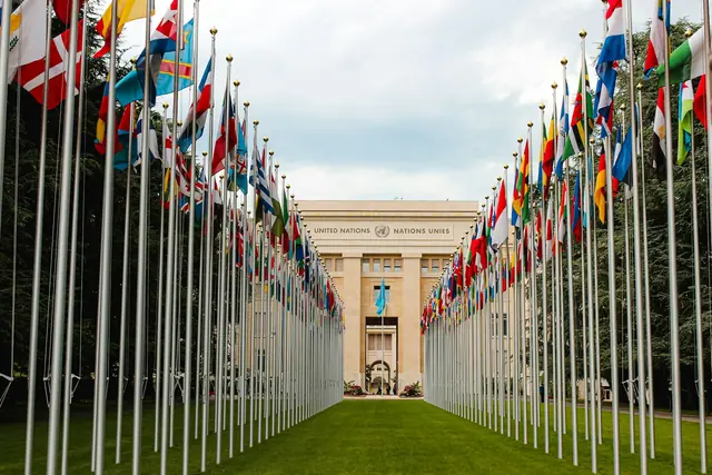 National flags outside the United Nations in Geneva, Switzerland